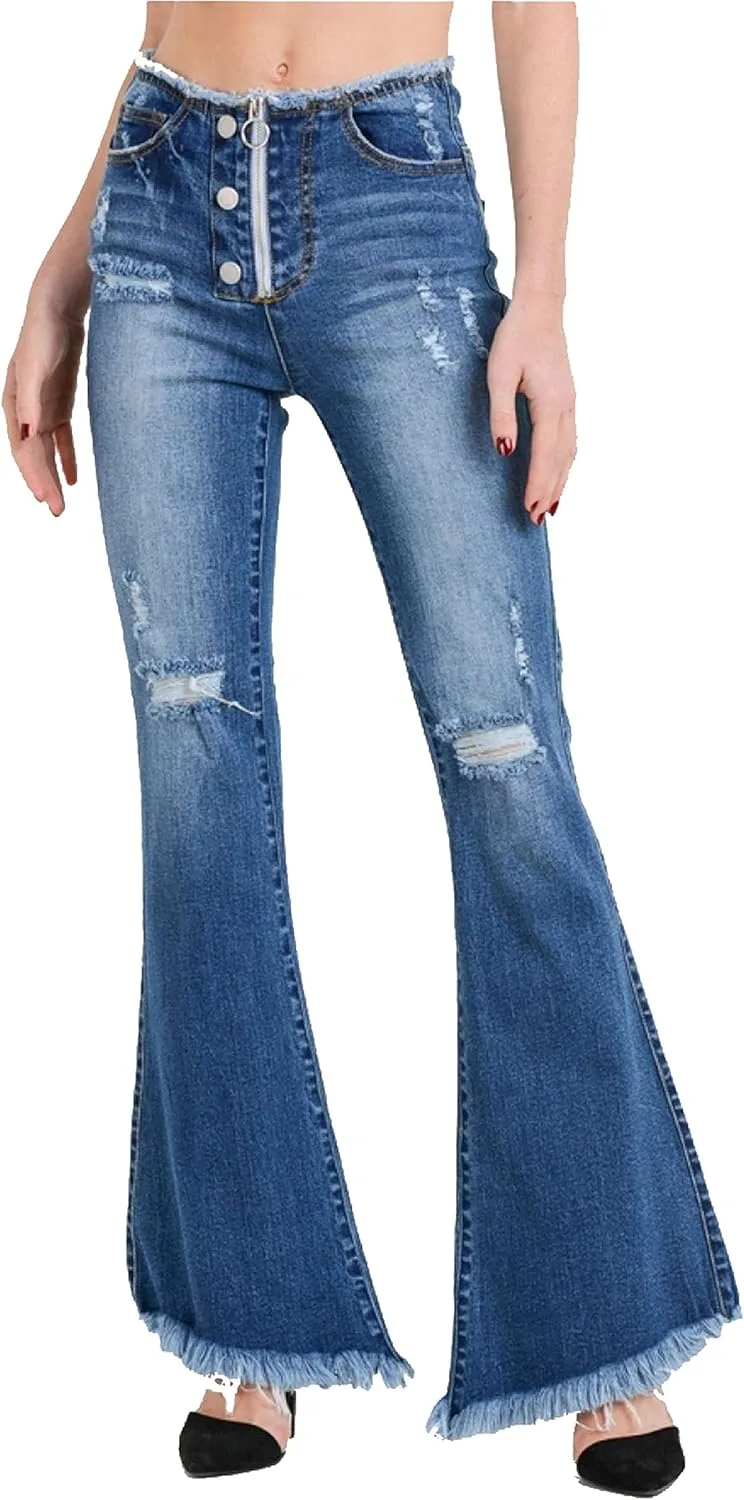 Женские джинсы Khanomak с высокой посадкой, застежкой на молнию и пуговицами, рваным подолом и расклешенным силуэтом
Женские джинсы Khanomak с высокой посадкой, застежкой на молнию и пуговицами, рваным подолом и расклешенным силуэтом