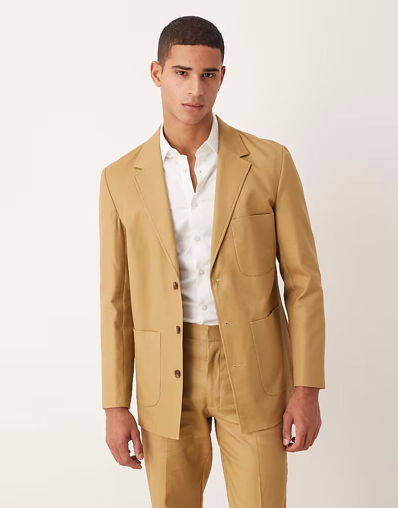 Пиджак из смеси хлопка и льна, классический, из саржи цвета верблюжьей шерсти Asos Design
Пиджак из смеси хлопка и льна, классический, из саржи цвета верблюжьей шерсти Asos Design