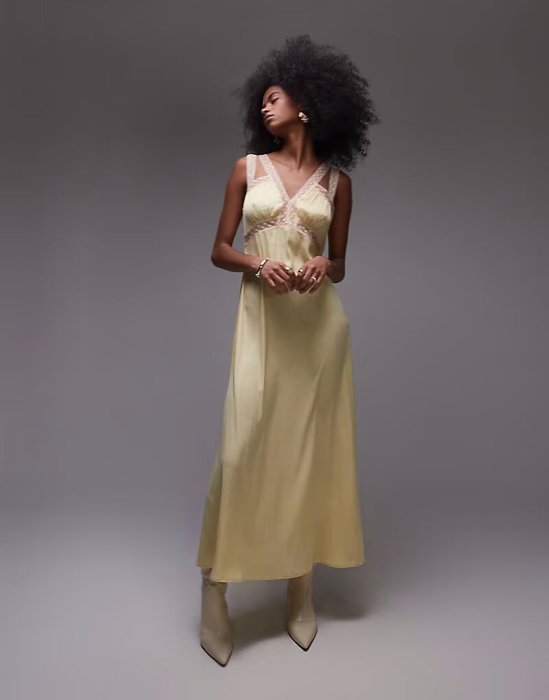 Платье миди Topshop с кружевными вставками и плиссированной грудью лимонного и персикового цвета
Платье миди Topshop с кружевными вставками и плиссированной грудью лимонного и персикового цвета