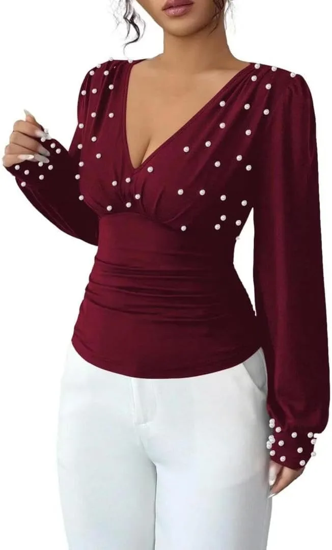 FMCHICO Женская блузка с глубоким V-вырезом, жемчужной отделкой и длинными рукавами-фонариками
FMCHICO Женская блузка с глубоким V-вырезом, жемчужной отделкой и длинными рукавами-фонариками
