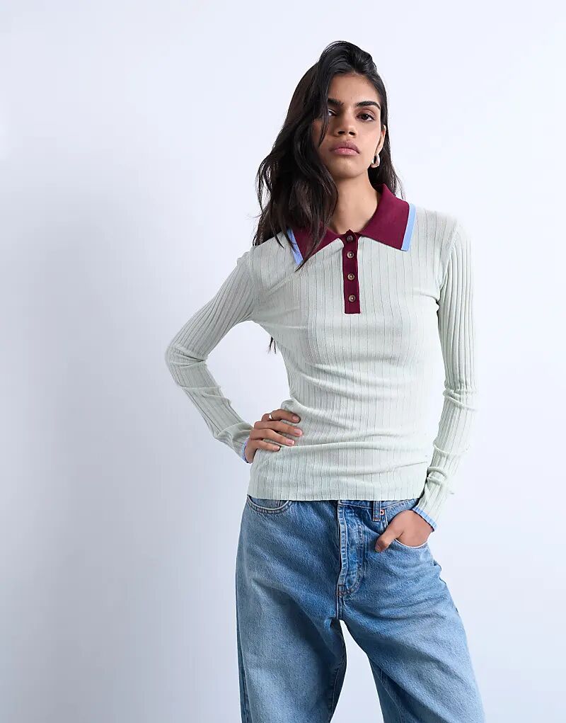 Трикотажное поло Topshop с контрастным воротником и прозрачным рубчиком мятного цвета
Трикотажное поло Topshop с контрастным воротником и прозрачным рубчиком мятного цвета