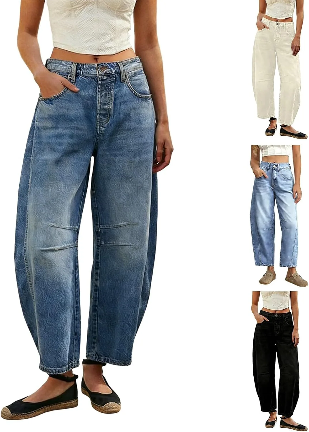 Джинсы Barrel для женщин в стиле Vintage Boyfriend, широкие, на пуговицах, Mid Rise, растягивающиеся, потертые, укороченные
Джинсы Barrel для женщин в стиле Vintage Boyfriend, широкие, на пуговицах, Mid Rise, растягивающиеся, потертые, укороченные