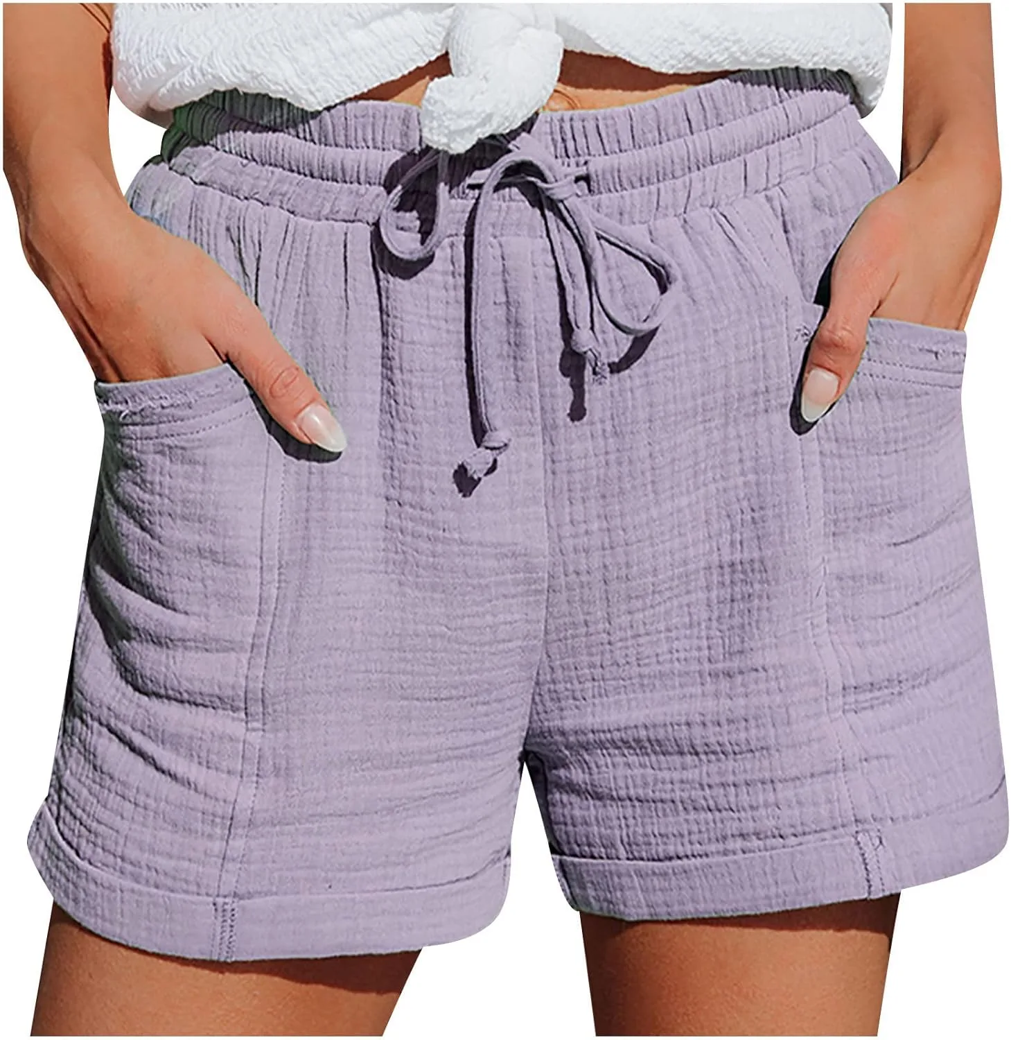 Женские шорты из льна с эластичным поясом и карманами
Женские шорты из льна с эластичным поясом и карманами