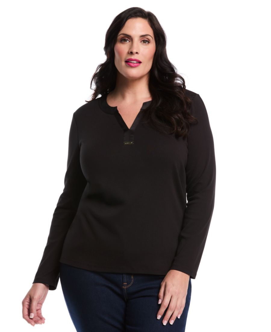 Топ больших размеров с тканой отделкой, V-образным вырезом и длинными рукавами Rafaella, Black
Топ больших размеров с тканой отделкой, V-образным вырезом и длинными рукавами Rafaella, Black