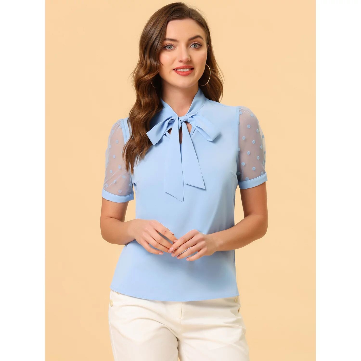 Женская блузка с галстуком-бабочкой, V-образным вырезом и воротником-стойкой, с короткими сетчатыми рукавами ALLEGRA K, темно-синий
Женская блузка с галстуком-бабочкой, V-образным вырезом и воротником-стойкой, с короткими сетчатыми рукавами ALLEGRA K, темно-синий