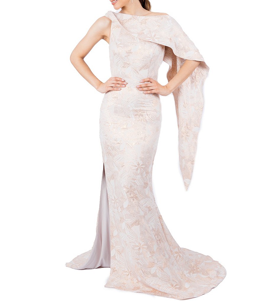 Terani Couture Жаккардовое платье-русалка на одно плечо с накидкой на спине, белый
Terani Couture Жаккардовое платье-русалка на одно плечо с накидкой на спине, белый
