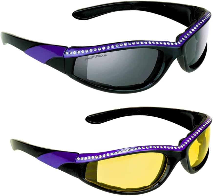 Женские мотоочки Bikershades со стразами, дымчато-фиолетовые и желто-фиолетовые. Мягкая поролоновая подкладка, защита от ветра и пыли. Для дневного, сумеречного и ночного использования
Женские мотоочки Bikershades со стразами, дымчато-фиолетовые и желто-фиолетовые. Мягкая поролоновая подкладка, защита от ветра и пыли. Для дневного, сумеречного и ночного использования