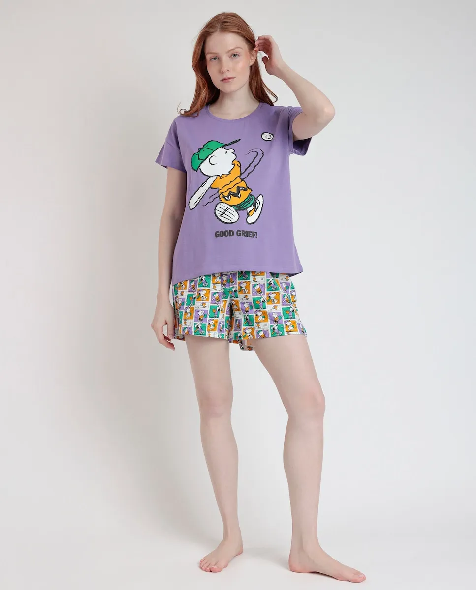 Женская короткая пижама из фиолетового трикотажа с принтом Peanuts, пурпурный
Женская короткая пижама из фиолетового трикотажа с принтом Peanuts, пурпурный