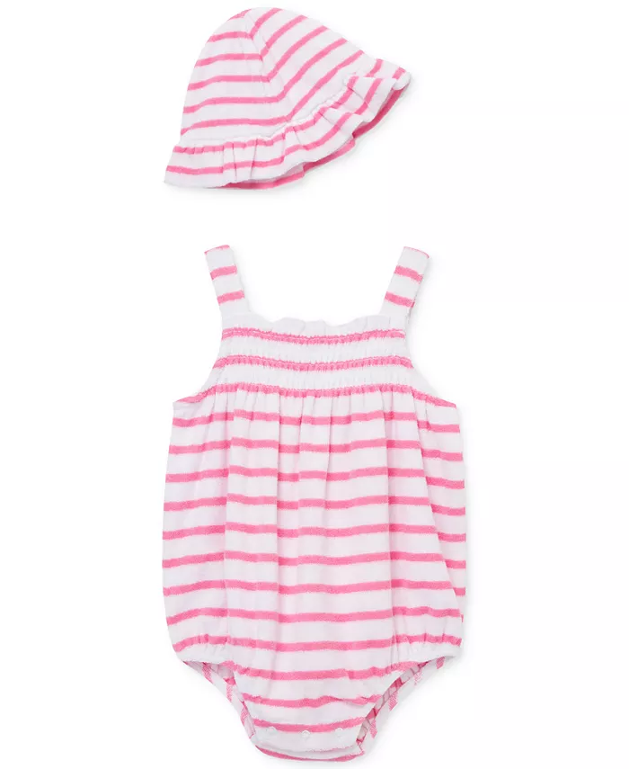 Детский комплект для девочек: полосатый комбинезон из махровой ткани и шляпа-ведро (2 предмета) Little Me, розовый 
Детский комплект для девочек: полосатый комбинезон из махровой ткани и шляпа-ведро (2 предмета) Little Me, розовый