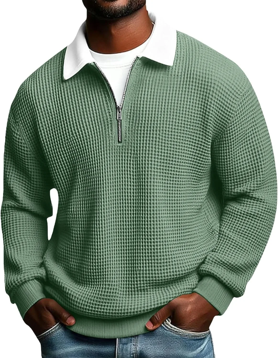 Мужской свитер с четвертью молнии, вафельной текстурой и длинными рукавами
Мужской свитер с четвертью молнии, вафельной текстурой и длинными рукавами