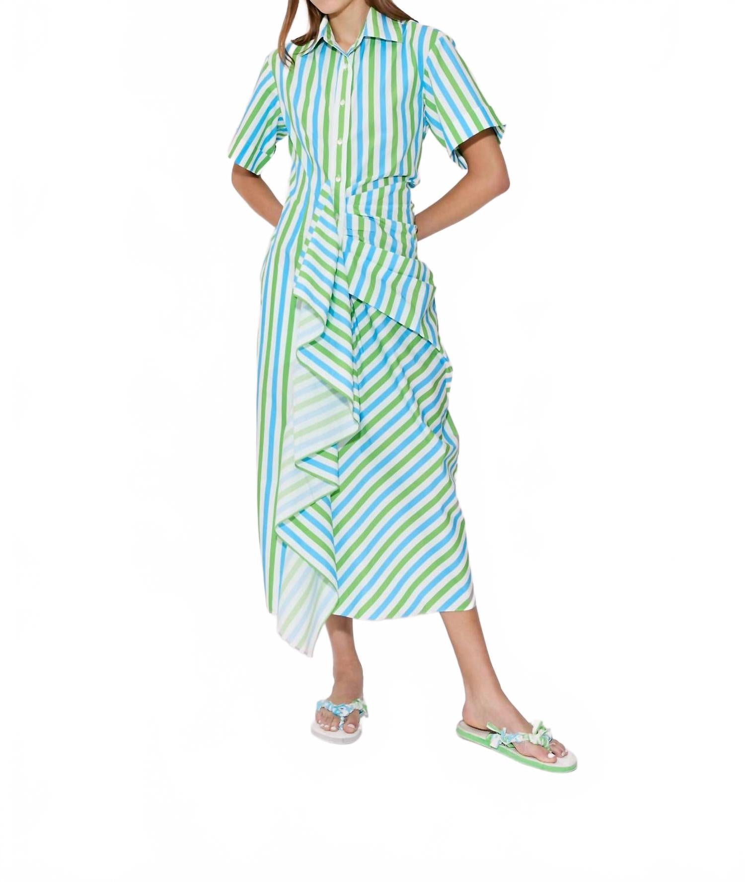 Сборчатое платье-рубашка в сине-зеленую полоску Rosie Assoulin 
Сборчатое платье-рубашка в сине-зеленую полоску Rosie Assoulin