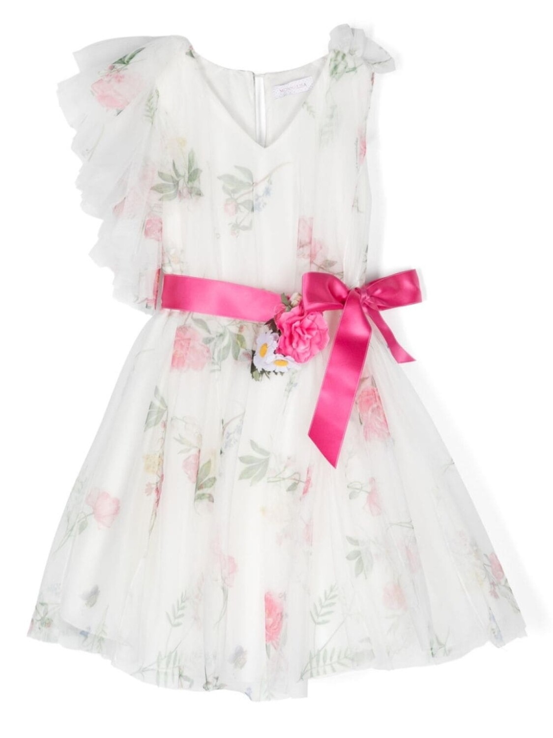 Monnalisa платье с цветочным принтом и V-образным вырезом, белый