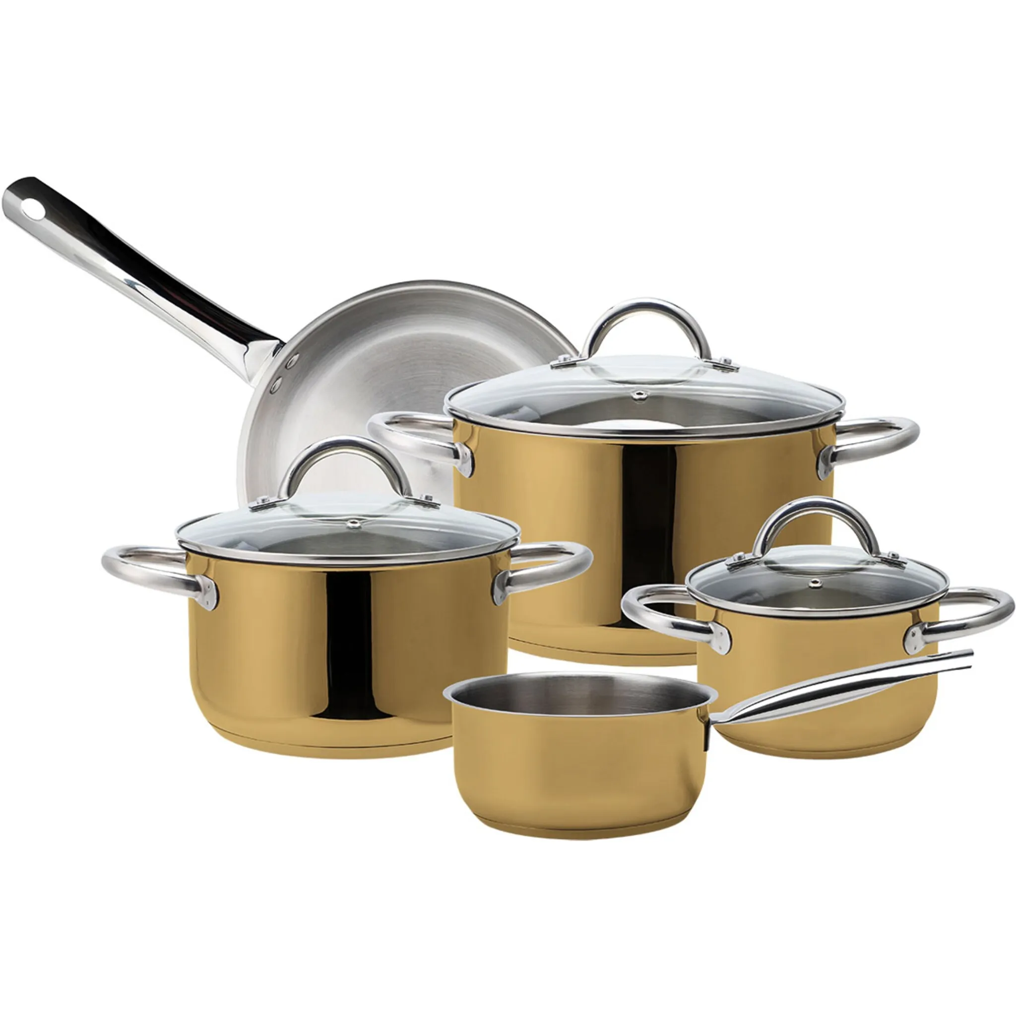 Набор кастрюль ECHTWERK "Gold Edition", нержавеющая сталь 18/8, (набор, 8 предметов, 1 кастрюля 16/20/24 см, кастрюля 16 см, сковорода 24 см), подходит для всех типов плит, индукционных, цвет goldfarben
Набор кастрюль ECHTWERK "Gold Edition", нержавеющая сталь 18/8, (набор, 8 предметов, 1 кастрюля 16/20/24 см, кастрюля 16 см, сковорода 24 см), подходит для всех типов плит, индукционных, цвет goldfarben