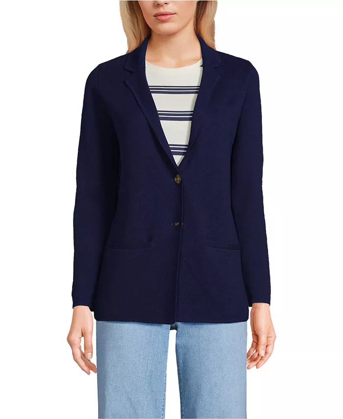 Женский тонкий кардиган-блейзер на пуговицах из хлопка Lands' End, синий 
Женский тонкий кардиган-блейзер на пуговицах из хлопка Lands' End, синий