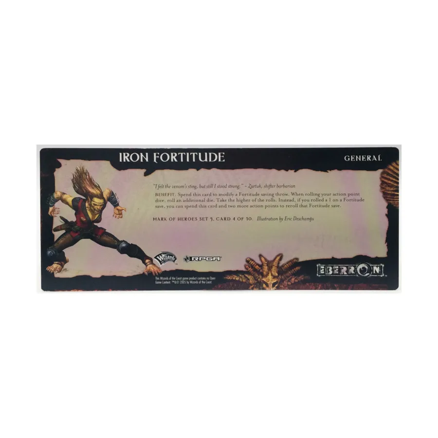Набор 3 для ролевой игры «Знак героев» — карта 4 из 10, «Железная стойкость», Eberron (d20) 
Набор 3 для ролевой игры «Знак героев» — карта 4 из 10, «Железная стойкость», Eberron (d20)