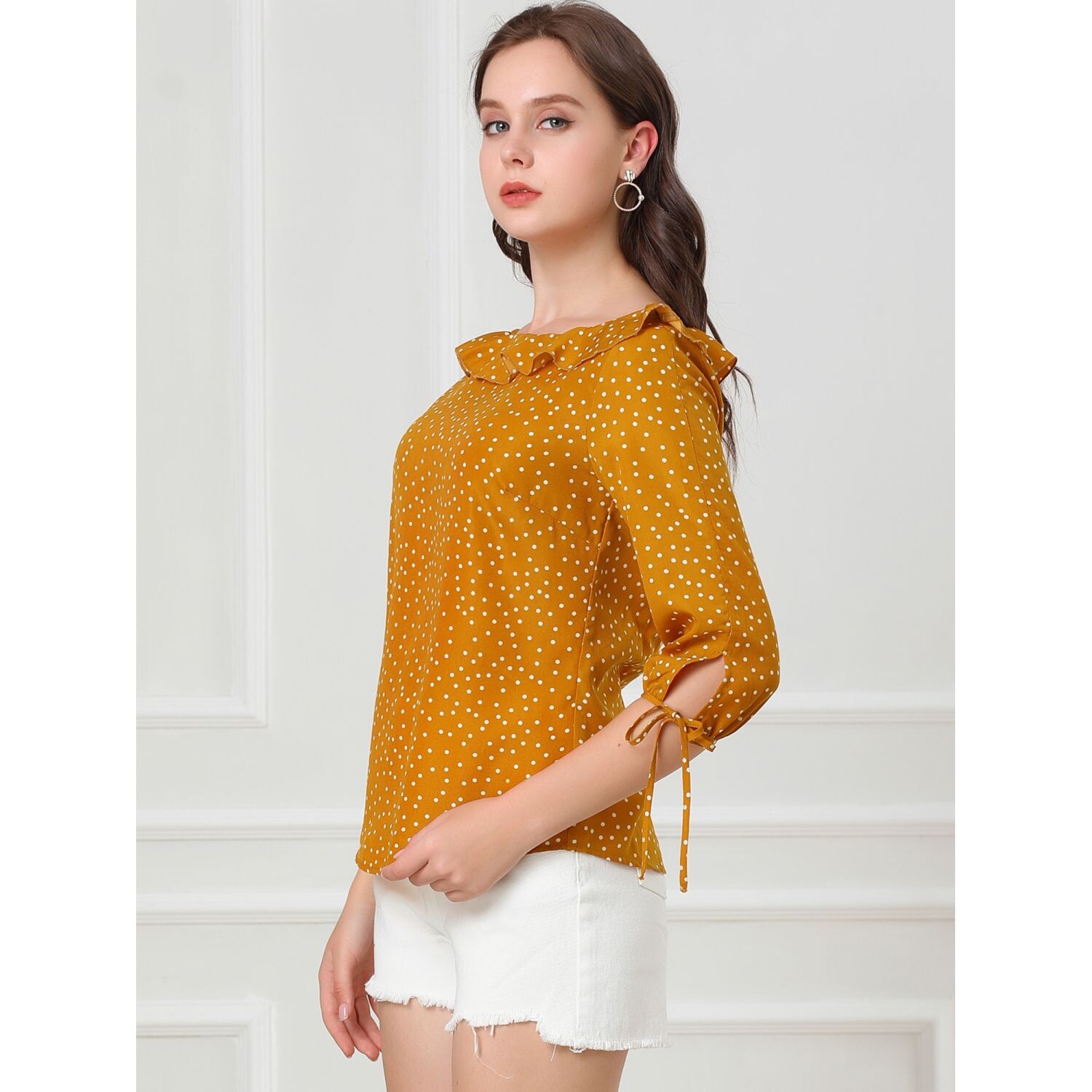 Женский винтажный топ с рукавом 3/4, блузка в горошек с оборками и вырезом «лодочка» ALLEGRA K
Женский винтажный топ с рукавом 3/4, блузка в горошек с оборками и вырезом «лодочка» ALLEGRA K
