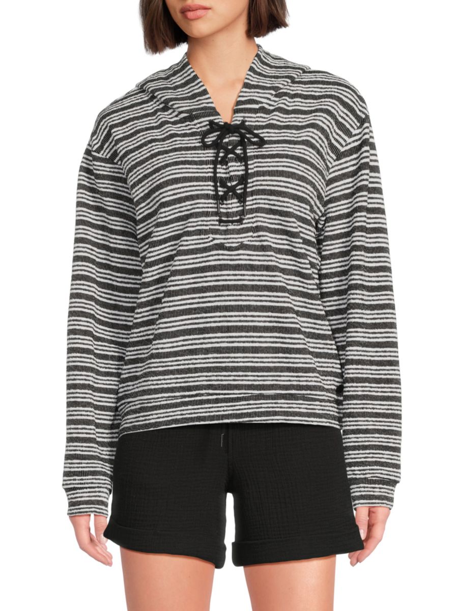 Полосатая толстовка со шнуровкой Andrew Marc, черный/белый 
Полосатая толстовка со шнуровкой Andrew Marc, черный/белый