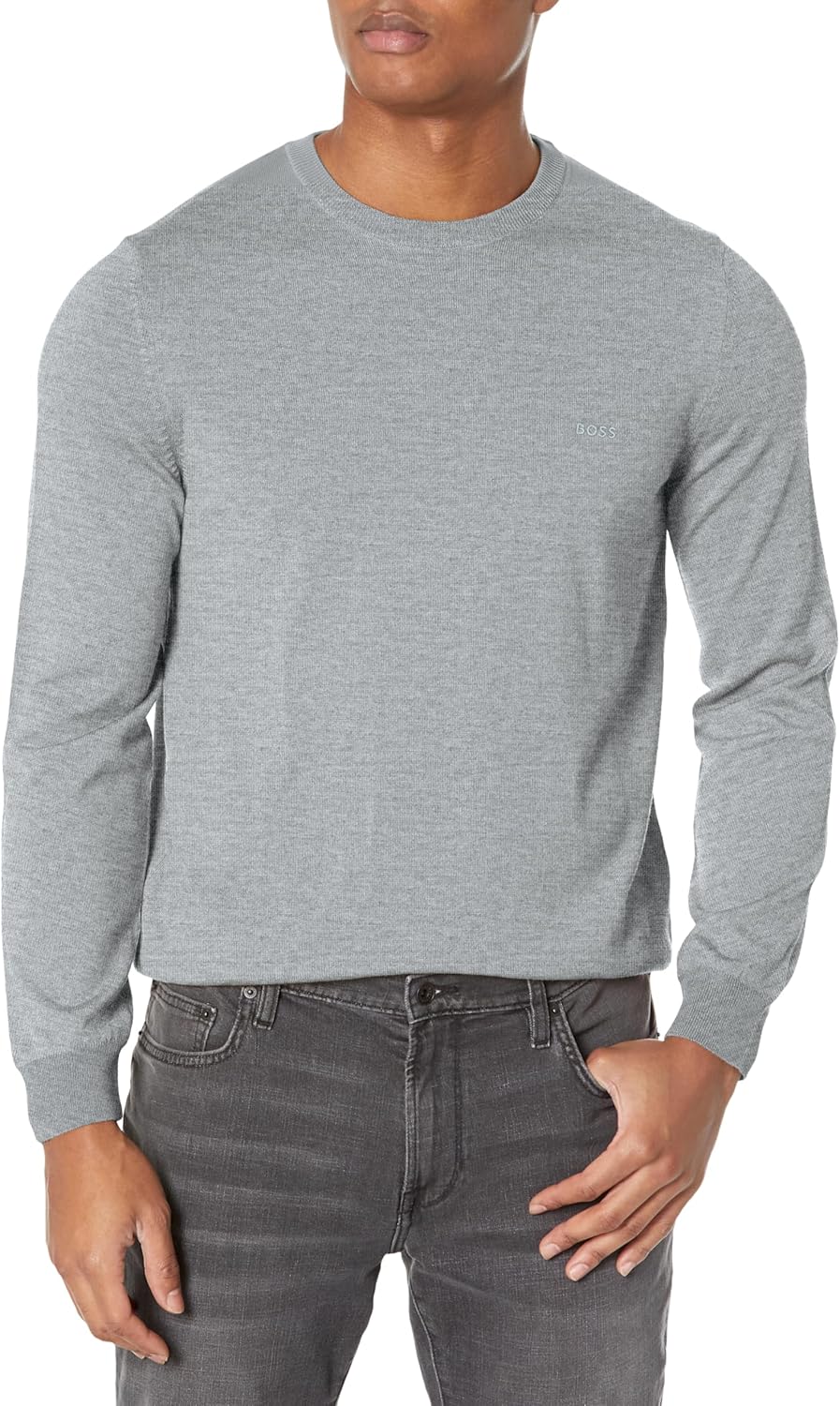 BOSS Мужской свитер с круглым вырезом и ребристыми манжетами, Light Melange Grey
BOSS Мужской свитер с круглым вырезом и ребристыми манжетами, Light Melange Grey