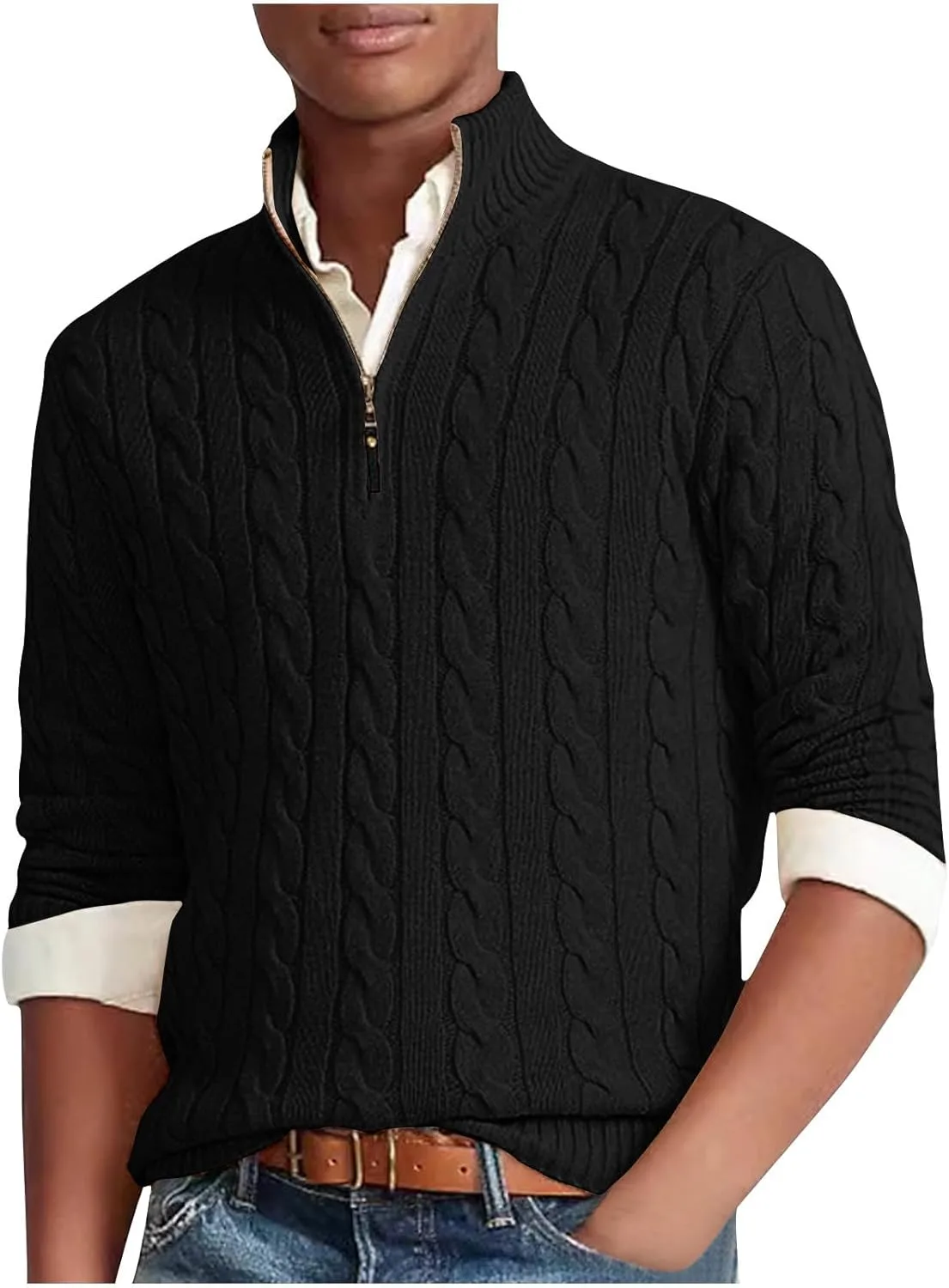 Мужской свитер с молнией, кабельная вязка, классический крой
Мужской свитер с молнией, кабельная вязка, классический крой