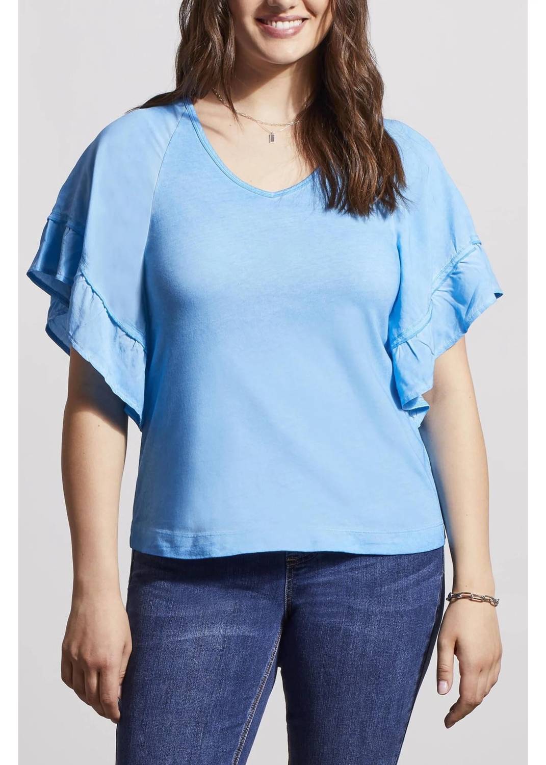 Топ с короткими рукавами и двойными оборками реглан с V-образным вырезом синего цвета TRIBAL
Топ с короткими рукавами и двойными оборками реглан с V-образным вырезом синего цвета TRIBAL