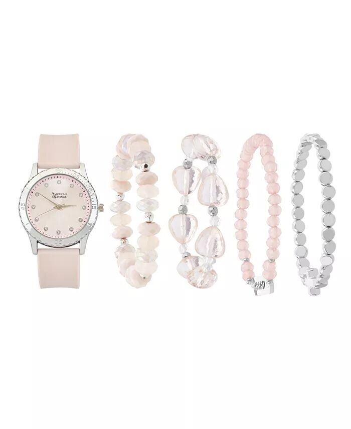 Женские аналоговые часы с матовым светло-розовым силиконовым ремешком, диаметр 38 мм, подарочный набор со штабелируемыми браслетами American Exchange, розовый
Женские аналоговые часы с матовым светло-розовым силиконовым ремешком, диаметр 38 мм, подарочный набор со штабелируемыми браслетами American Exchange, розовый