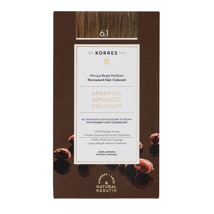 Краситель с аргановым маслом, краска для волос без аммиака, темно-русый пепельный 6,1, 100% покрытие седины, веганский вариант для стойкого цвета, Korres
Краситель с аргановым маслом, краска для волос без аммиака, темно-русый пепельный 6,1, 100% покрытие седины, веганский вариант для стойкого цвета, Korres