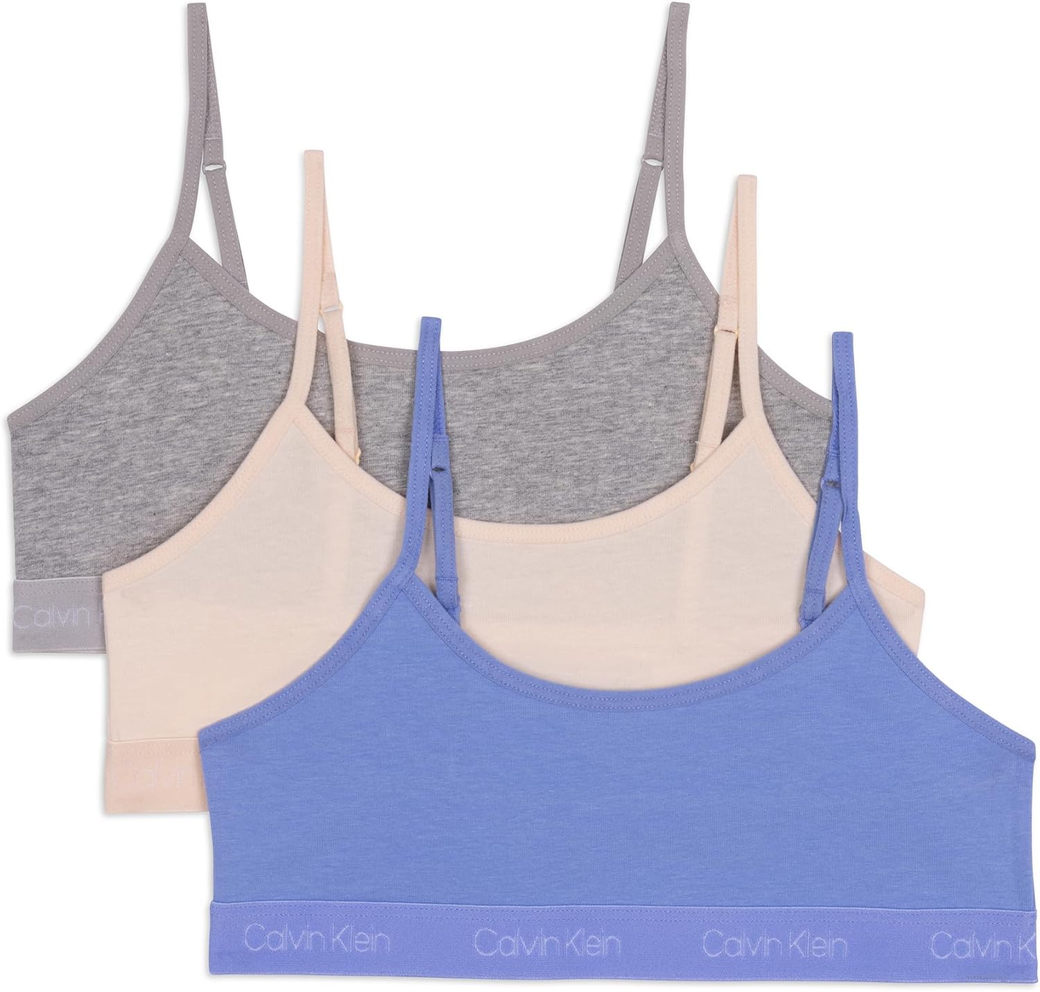 Комплект из 3 бюстгальтеров-бралеттов Calvin Klein для девочек из хлопка с короткими рукавами, Hydrangea/Sand/Heather Gray
Комплект из 3 бюстгальтеров-бралеттов Calvin Klein для девочек из хлопка с короткими рукавами, Hydrangea/Sand/Heather Gray