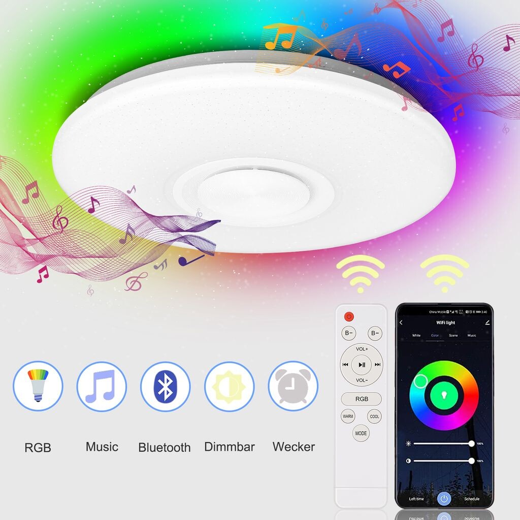 Riossad 36W светодиодный потолочный светильник RGB Bluetooth музыкальная потолочная лампа с регулируемой яркостью динамик с дистанционным управлением, белый
Riossad 36W светодиодный потолочный светильник RGB Bluetooth музыкальная потолочная лампа с регулируемой яркостью динамик с дистанционным управлением, белый