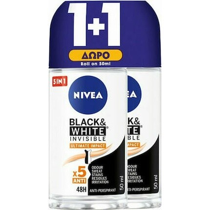 Black & White Invisible Ultimate Impact 5 в 1 Женский шариковый дезодорант - 2x50 мл Nivea
Black & White Invisible Ultimate Impact 5 в 1 Женский шариковый дезодорант - 2x50 мл Nivea