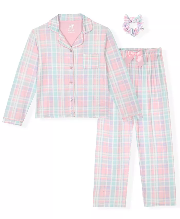 Маленькие и большие девочки пижамный комплект из 3 предметов: клетчатое пальто, брюки и резинка для волос Max & Olivia, мультиколор