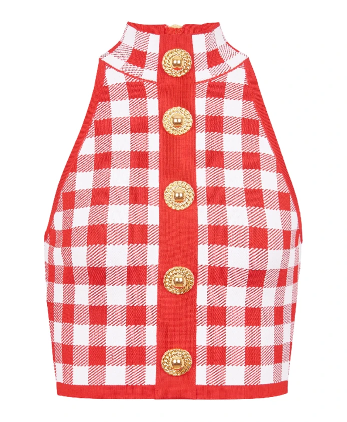 Вязаный топ без рукавов в мелкую клетку Balmain, красный
Вязаный топ без рукавов в мелкую клетку Balmain, красный