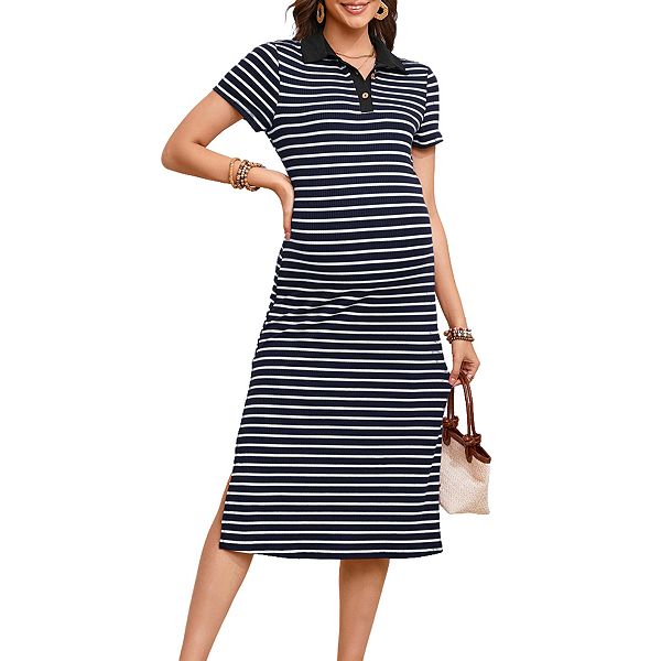 Платье миди с воротником, коротким рукавом, полосками, резинкой, пуговицами и разрезом сбоку для беременных Clearflower, Navy
Платье миди с воротником, коротким рукавом, полосками, резинкой, пуговицами и разрезом сбоку для беременных Clearflower, Navy