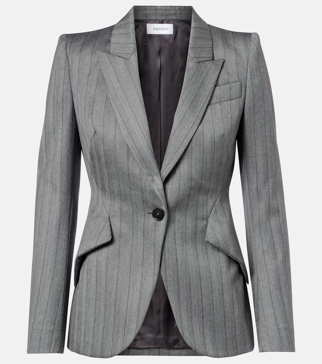 Шерстяной блейзер в тонкую полоску с узором елочка McQueen, серый
Шерстяной блейзер в тонкую полоску с узором елочка McQueen, серый