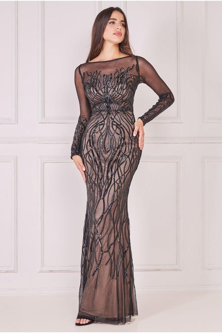 Платье макси с длинными рукавами и пайетками Goddiva, черный 
Платье макси с длинными рукавами и пайетками Goddiva, черный