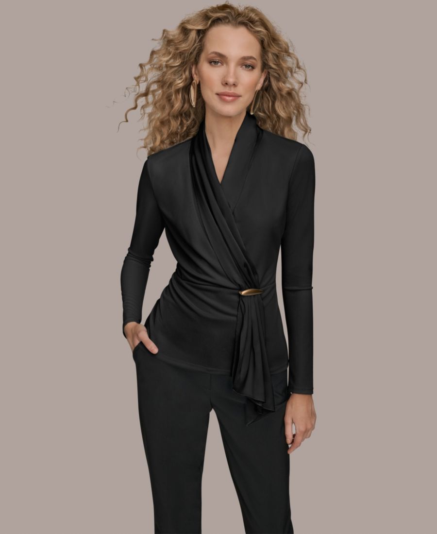 Женская вязаная блузка с длинными рукавами и имитацией запаха Donna Karan New York, Black
Женская вязаная блузка с длинными рукавами и имитацией запаха Donna Karan New York, Black