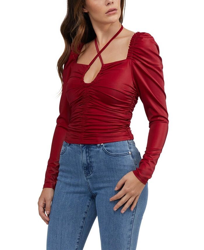 Женский топ с пышными рукавами и рюшами и покрытием Bebe, красный
Женский топ с пышными рукавами и рюшами и покрытием Bebe, красный