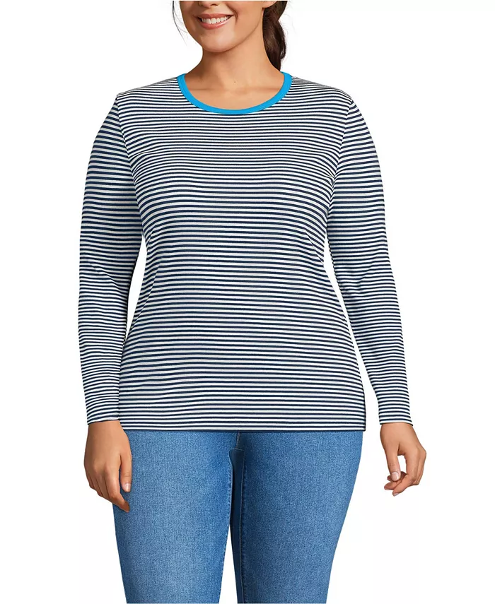 Футболка больших размеров с длинным рукавом и микрорубчиком Lands' End, синий 
Футболка больших размеров с длинным рукавом и микрорубчиком Lands' End, синий