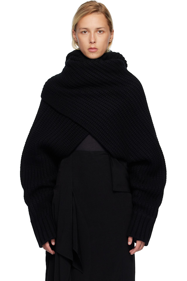 Вязаный шерстяной пуловер с высоким воротником Sacai, черный
Вязаный шерстяной пуловер с высоким воротником Sacai, черный