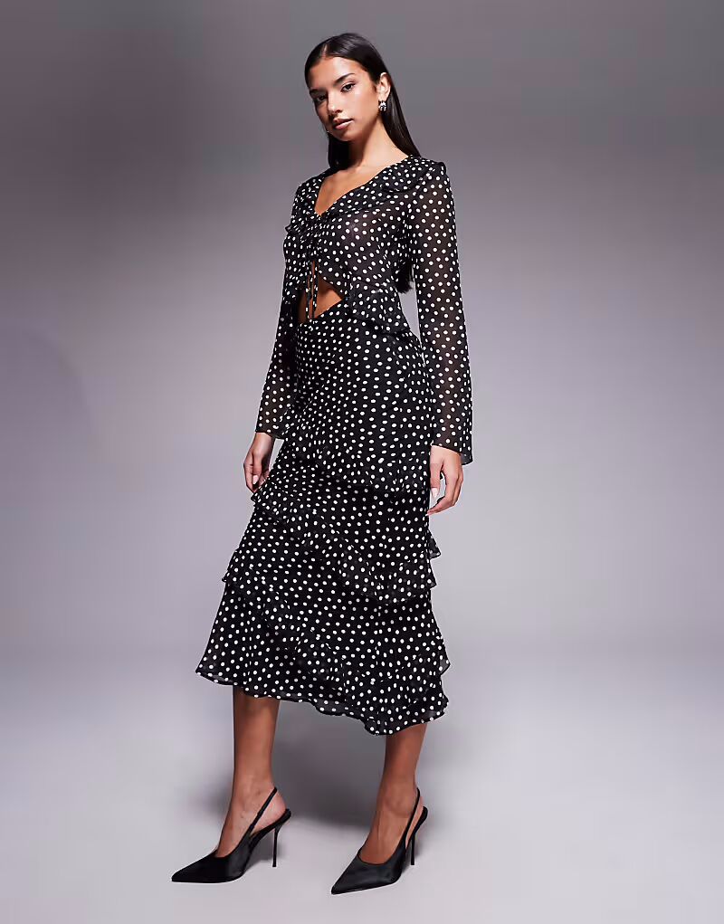 Юбка миди с оборками в горошек черного цвета New Look
Юбка миди с оборками в горошек черного цвета New Look