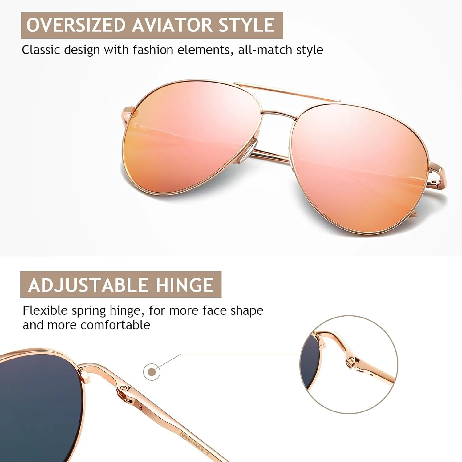 Женские легкие солнцезащитные очки-авиаторы SUNGAIT большого размера — классический стиль, поляризованные линзы, 2026 (Tangle Free) Rose Gold/Pink Mirror
Женские легкие солнцезащитные очки-авиаторы SUNGAIT большого размера — классический стиль, поляризованные линзы, 2026 (Tangle Free) Rose Gold/Pink Mirror