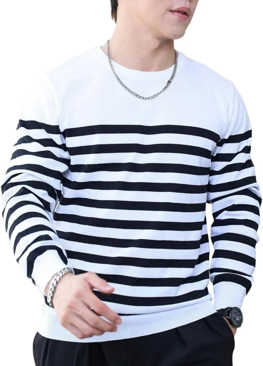 Мужской свитер с круглым вырезом и длинными рукавами в полоску
Мужской свитер с круглым вырезом и длинными рукавами в полоску