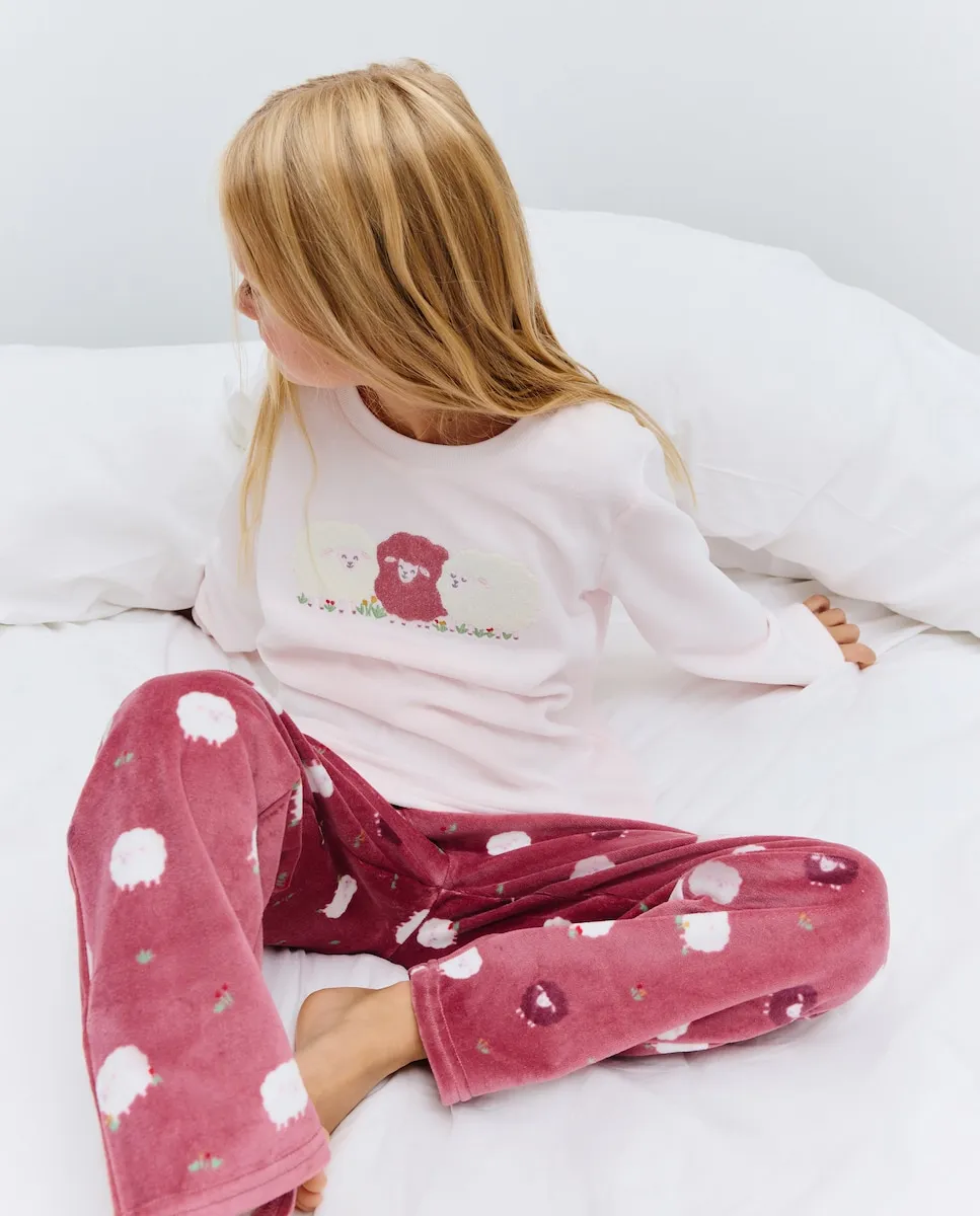 Детская пижама с длинными штанинами на липучке с принтом овечек из махровой ткани Cotton Juice, розовый