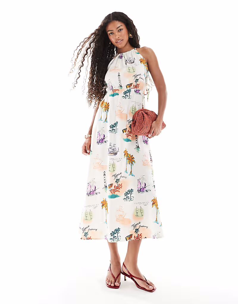 Платье-миди Object с халтер-воротником и завязками по бокам, с теплым почтовым принтом
Платье-миди Object с халтер-воротником и завязками по бокам, с теплым почтовым принтом