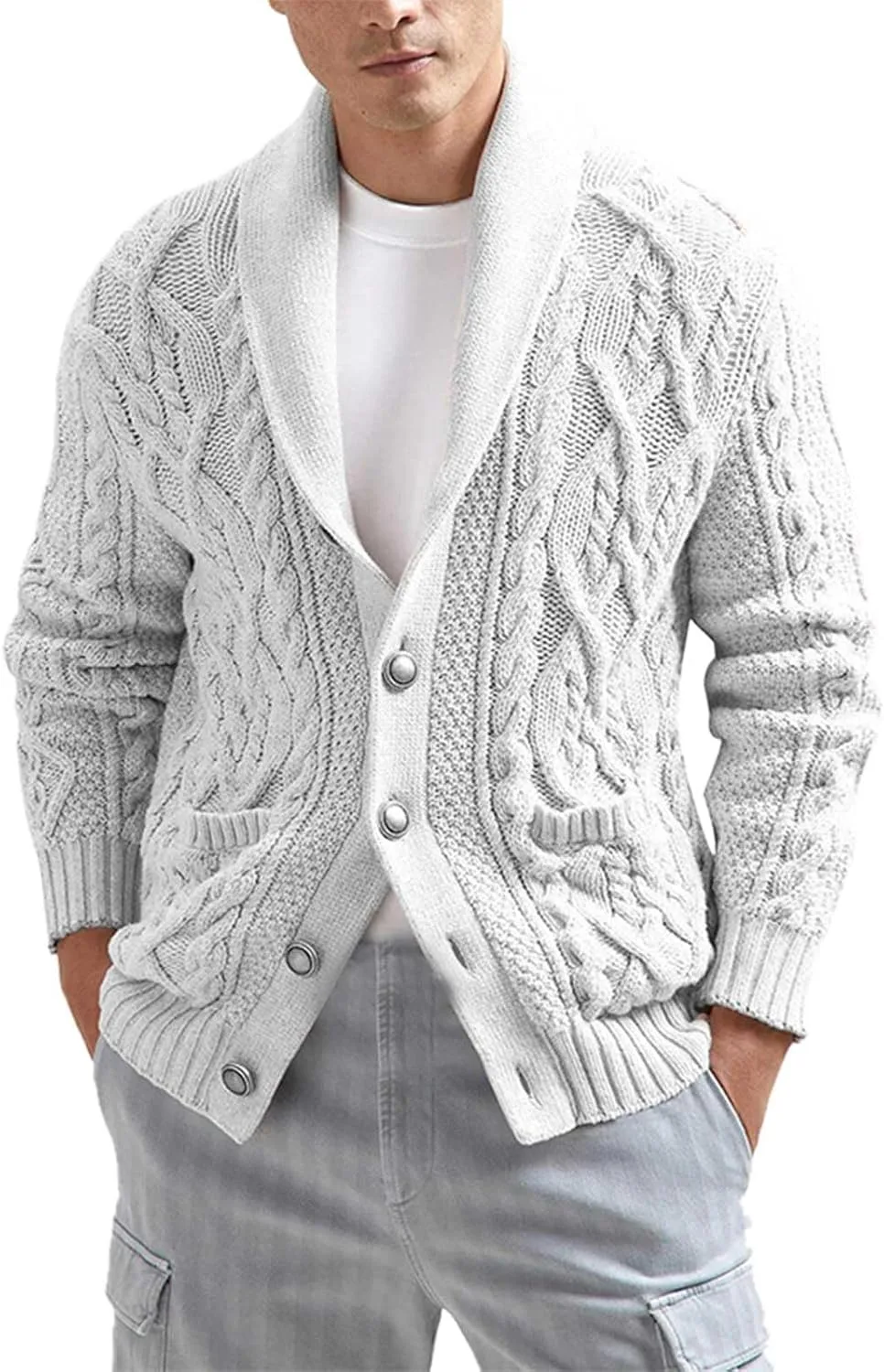 Мужской кардиган с карманами и воротником-шалью
Мужской кардиган с карманами и воротником-шалью
