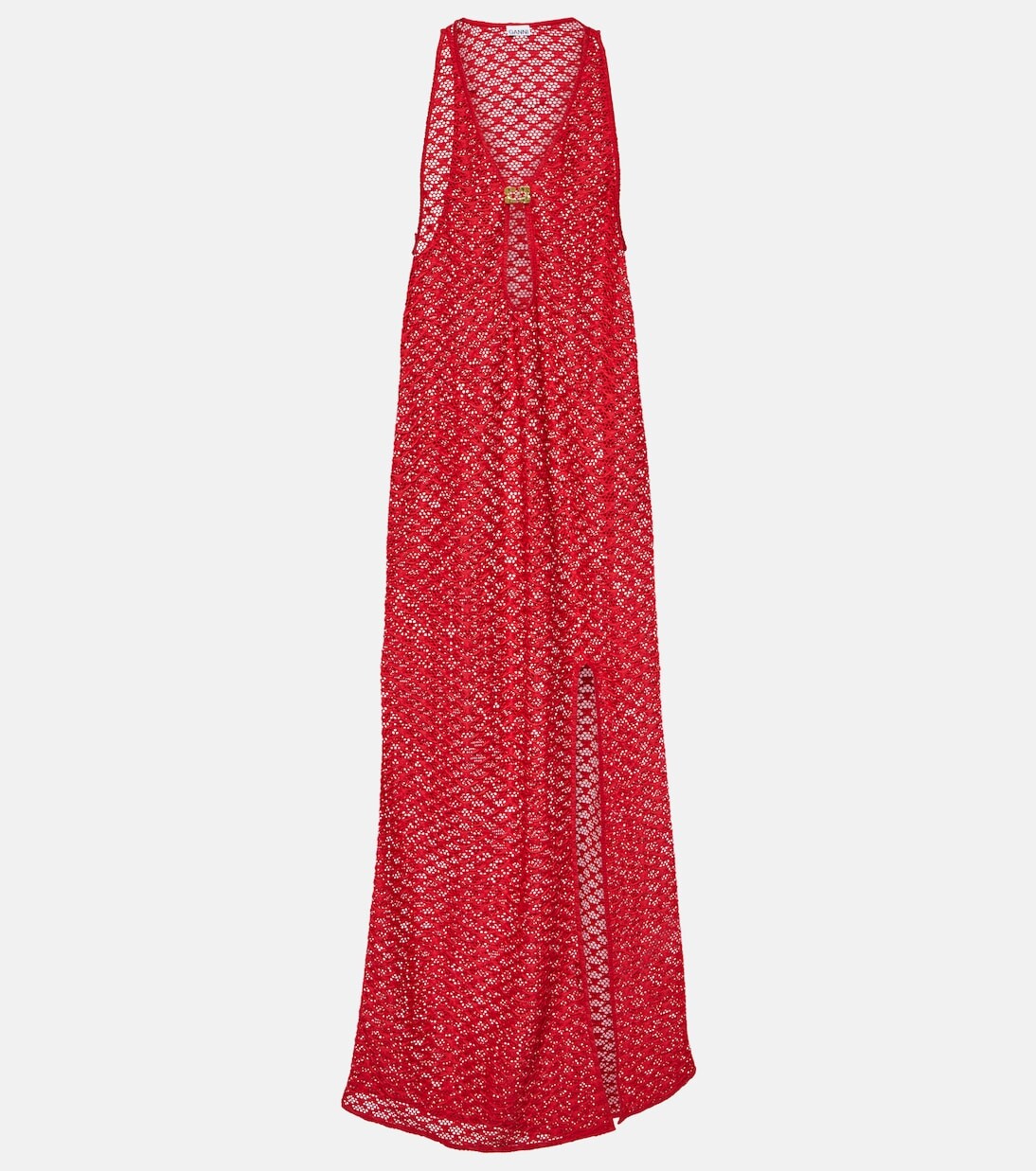 Сетчатое платье макси с вырезами Ganni, красный 
Сетчатое платье макси с вырезами Ganni, красный