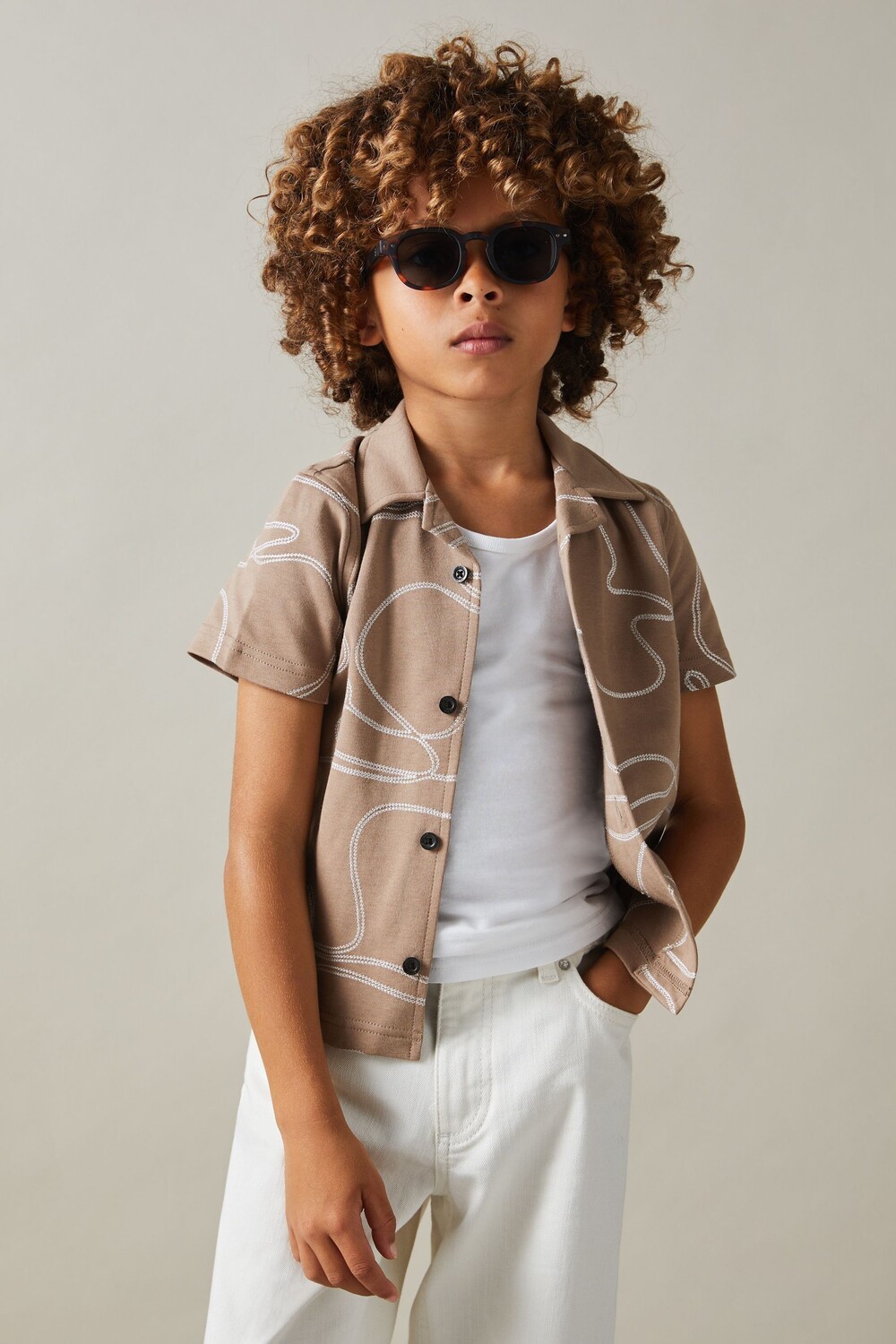 Рубашка из хлопкового джерси «Ментон» с вышивкой Reiss, коричневый