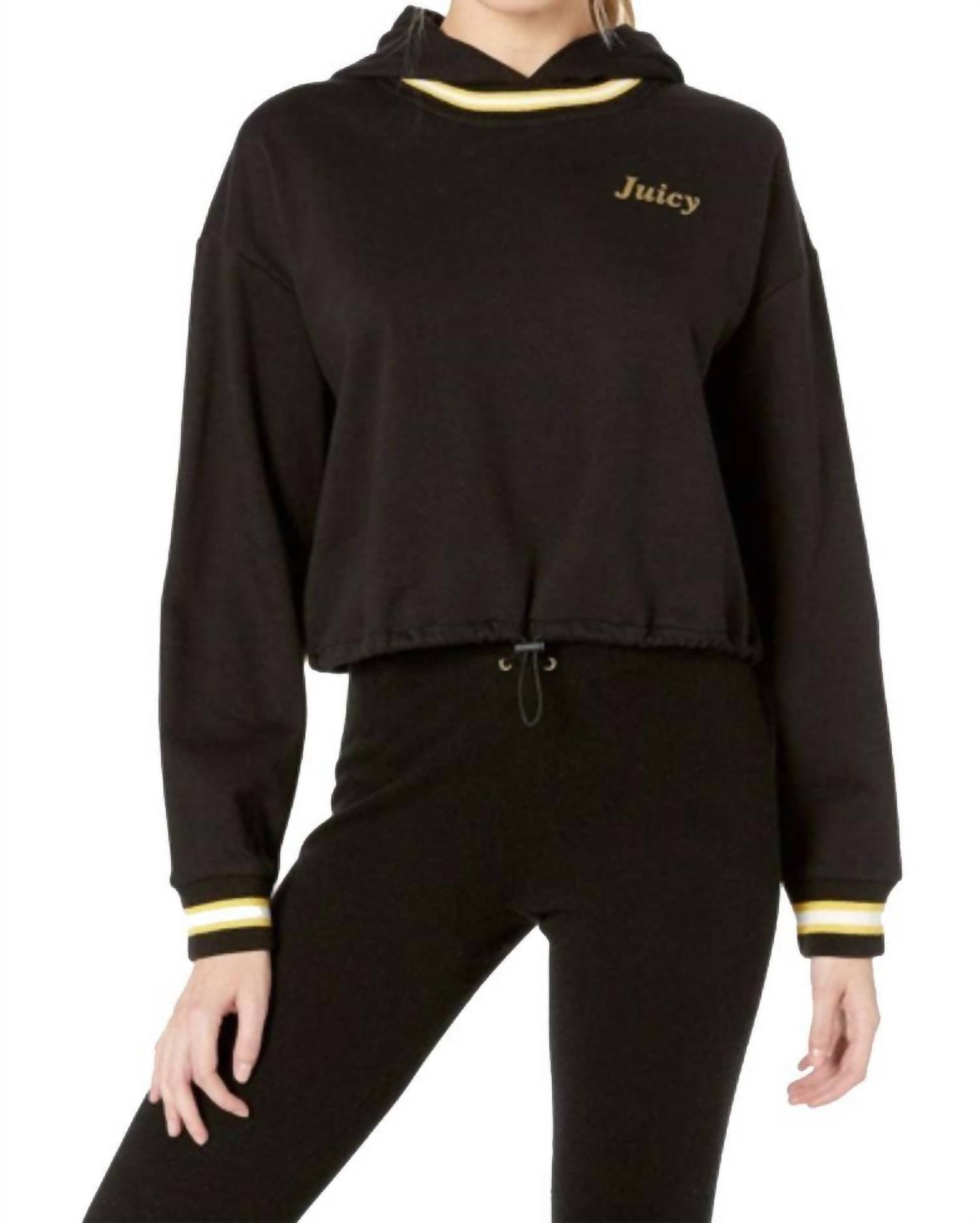 Укороченный флисовый свитер с капюшоном черного цвета Juicy Couture
Укороченный флисовый свитер с капюшоном черного цвета Juicy Couture
