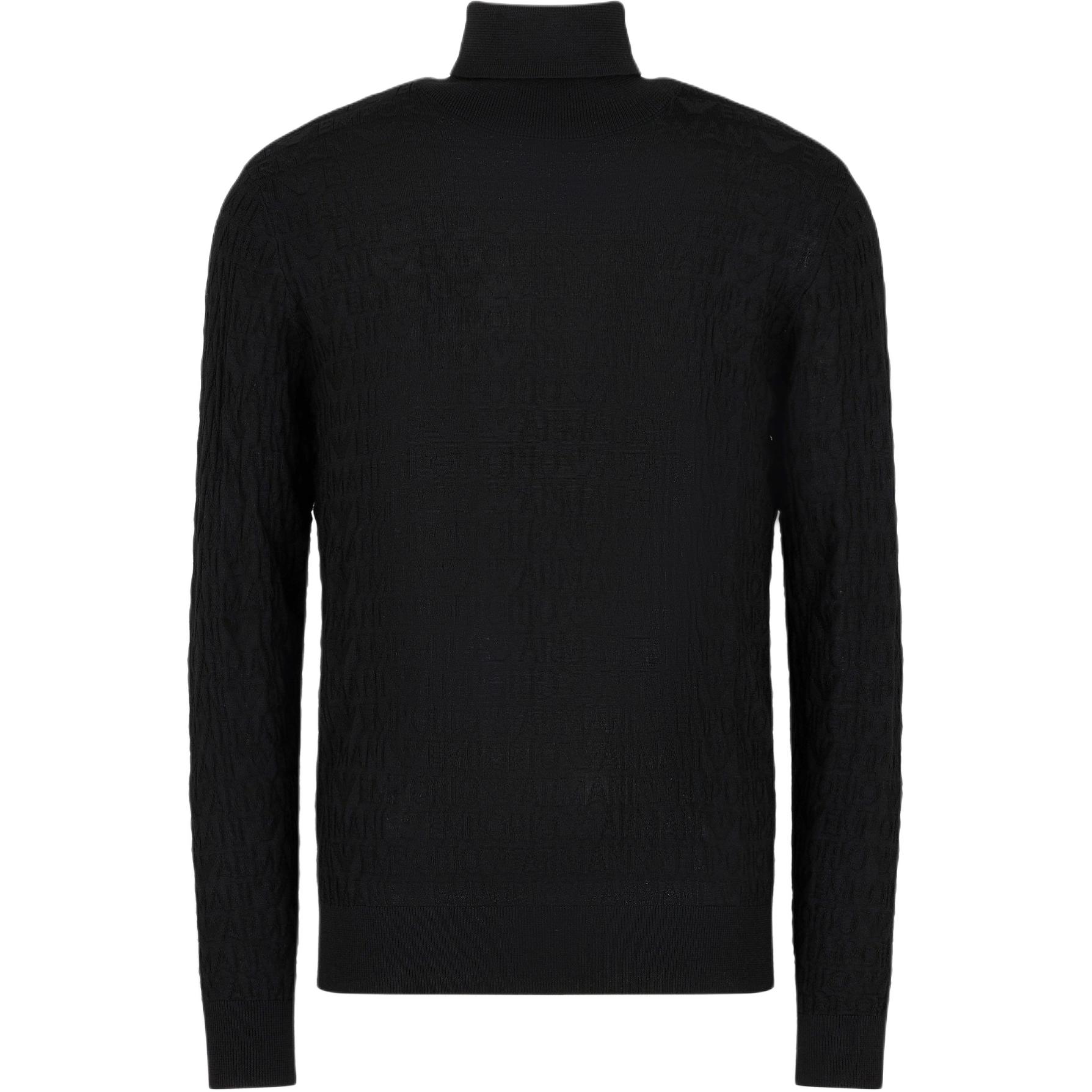 Свитер из верджинской шерсти с воротником-стойкой и сквозным узором с надписью EMPORIO ARMANI, черный
Свитер из верджинской шерсти с воротником-стойкой и сквозным узором с надписью EMPORIO ARMANI, черный