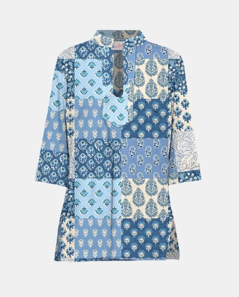 Хлопковый пэчворк кафтан с принтом Mc2 Saint Barth, синий 
Хлопковый пэчворк кафтан с принтом Mc2 Saint Barth, синий