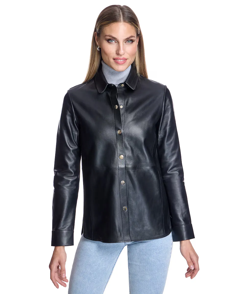 Женская кожаная рубашка на кнопках Maximilian, чёрный
Женская кожаная рубашка на кнопках Maximilian, чёрный